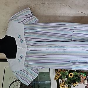 Vintage Kmart Short Sleeve Front Snap Striped  Housecoat Women's Size Medium